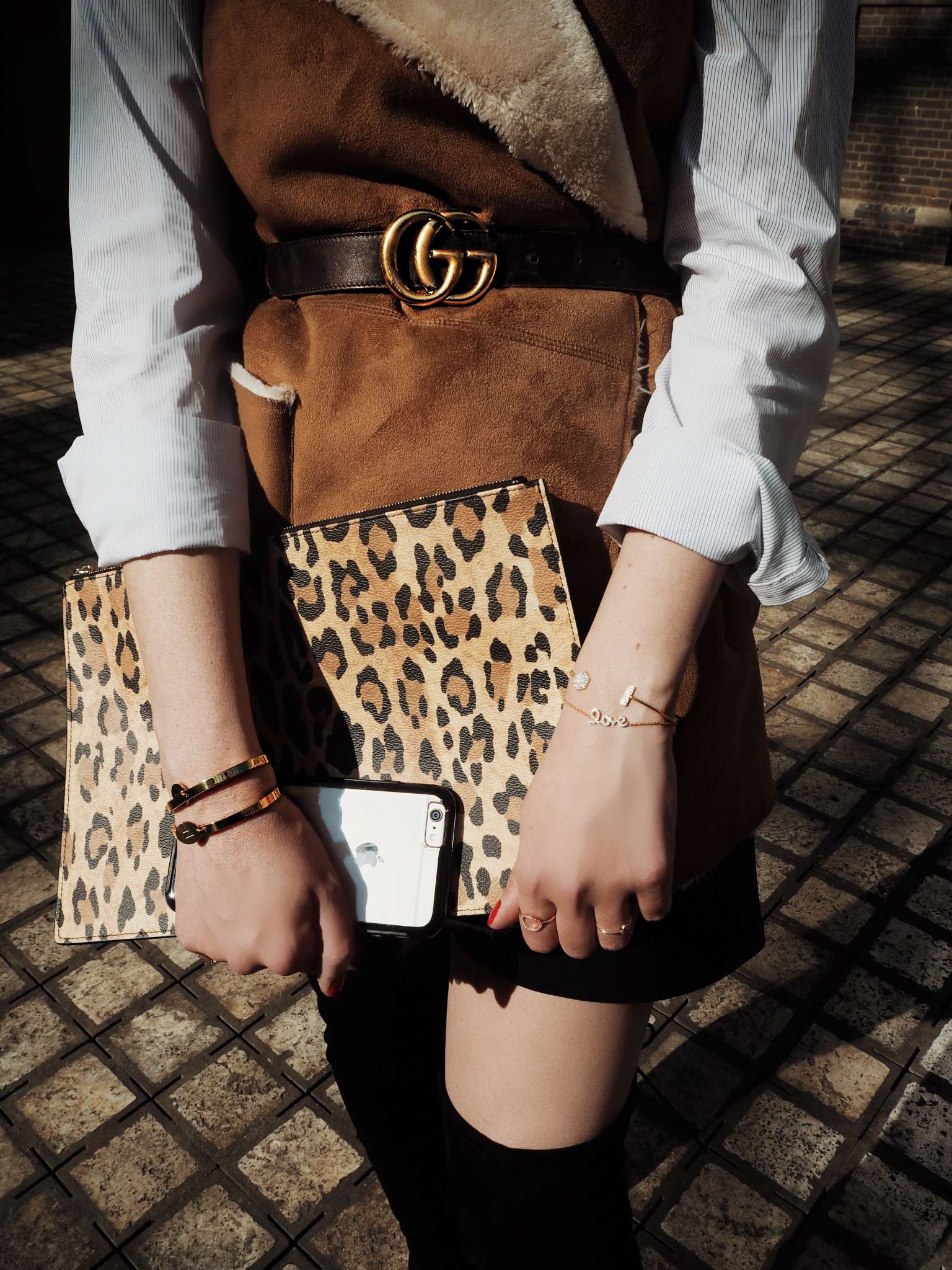 shearling-vest-gucci-belt-public-desire-over-the-knee-boots-givenchy-bag-leopard-print-myjewellery-initial-armband-symmetry-series-clear-phone-case-otterbox-scheepsvaart-museum-Amsterdam-hilton-hotel