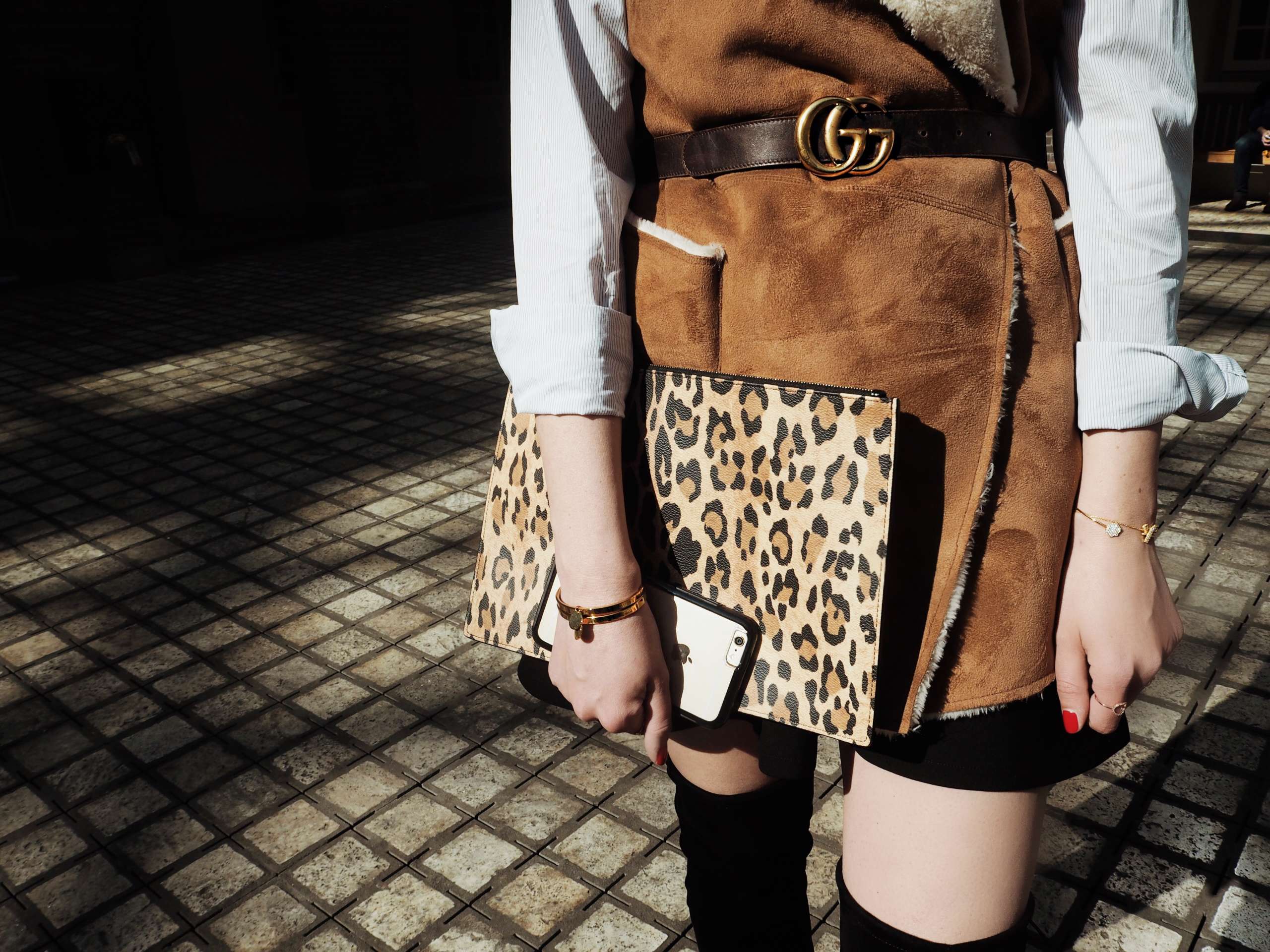 shearling-vest-gucci-belt-public-desire-over-the-knee-boots-givenchy-bag-leopard-print-myjewellery-initial-armband-symmetry-series-clear-phone-case-otterbox-scheepsvaart-museum-Amsterdam-hilton-hotel